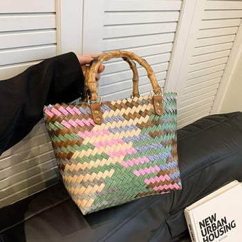 Ručno pletena slamena torba — unisex stil, uspravni kvadratni oblik, otvoreni gornji dio, trodimenzionalni vanjski dio