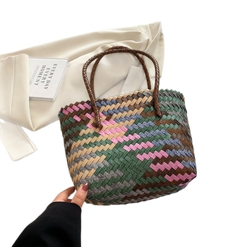 Ručno pletena slamena torba — unisex stil, uspravni kvadratni oblik, otvoreni gornji dio, trodimenzionalni vanjski dio