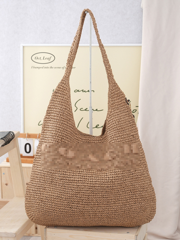 Geantă Tote din paie — formă găleată, închidere magnetică, căptușeală poliester, stil urban, pentru uz zilnic
