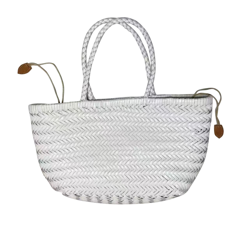 Geantă de mână din paie, țesută, formă verticală pătrată, buzunar deschis, căptușeală din piele naturală