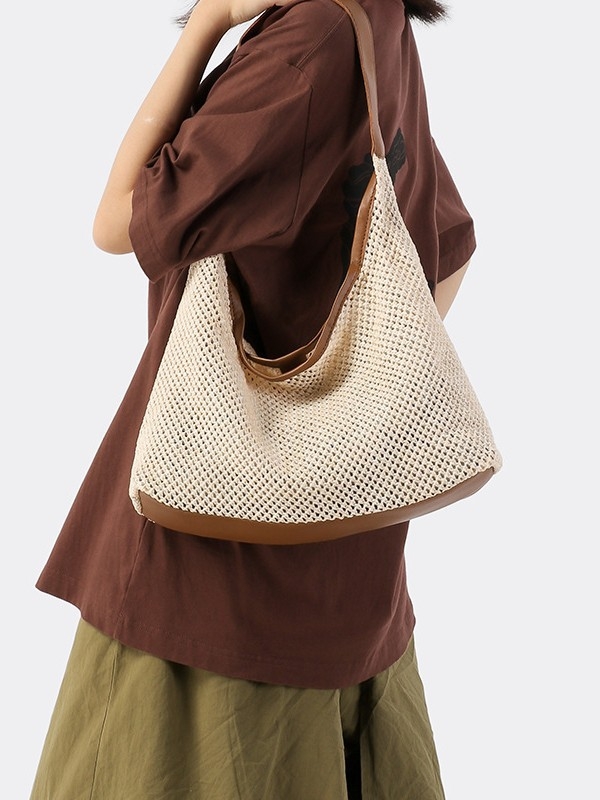 Geantă tote din material împletit, închidere magnetică, formă verticală pătrată, buzunar interior cu fermoar laminat, duritate medie