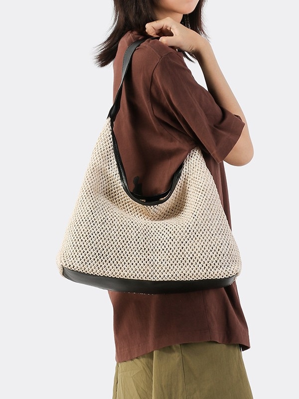 Geantă tote din material împletit, închidere magnetică, formă verticală pătrată, buzunar interior cu fermoar laminat, duritate medie