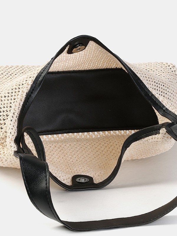 Geantă tote din material împletit, închidere magnetică, formă verticală pătrată, buzunar interior cu fermoar laminat, duritate medie