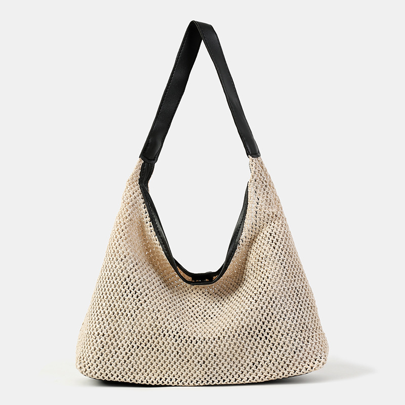 Geantă tote din material împletit, închidere magnetică, formă verticală pătrată, buzunar interior cu fermoar laminat, duritate medie