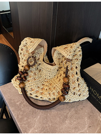 Geantă Tote din pai, împletită, stil găleată, închidere magnetică, căptușeală poliester