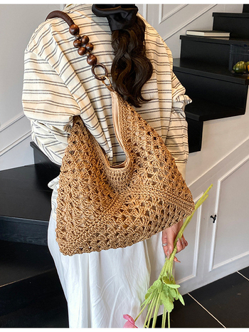 Geantă Tote din pai, împletită, stil găleată, închidere magnetică, căptușeală poliester