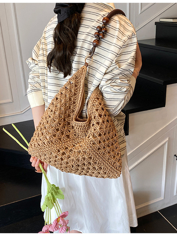 Geantă Tote din pai, împletită, stil găleată, închidere magnetică, căptușeală poliester
