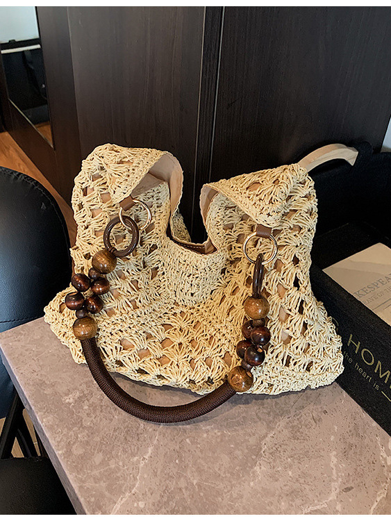 Geantă Tote din pai, împletită, stil găleată, închidere magnetică, căptușeală poliester