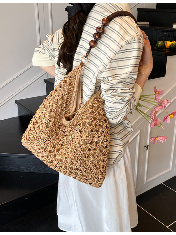 Geantă Tote din pai, împletită, stil găleată, închidere magnetică, căptușeală poliester