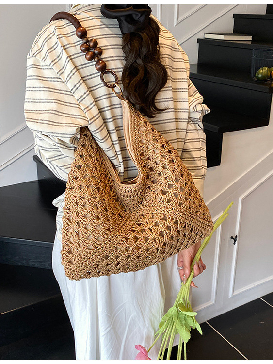 Geantă Tote din pai, împletită, stil găleată, închidere magnetică, căptușeală poliester