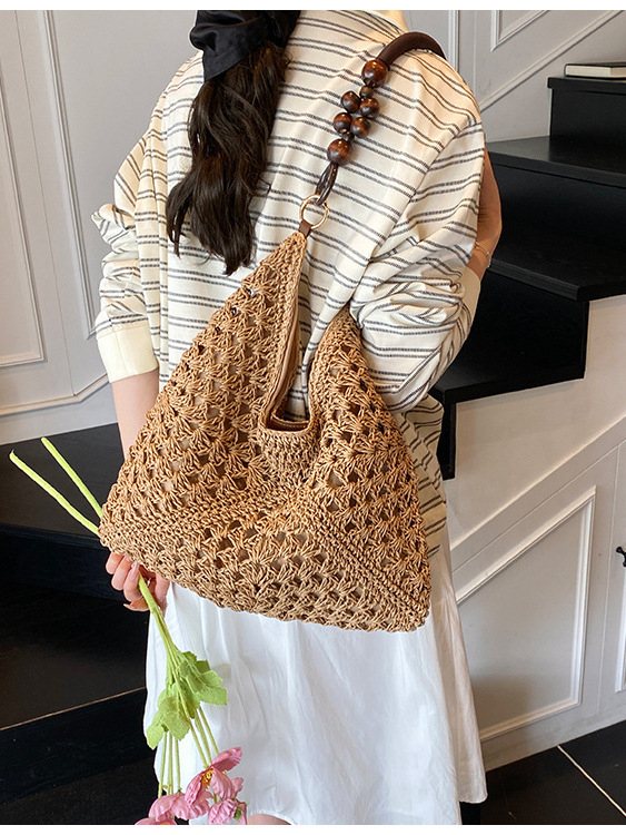Geantă Tote din pai, împletită, stil găleată, închidere magnetică, căptușeală poliester