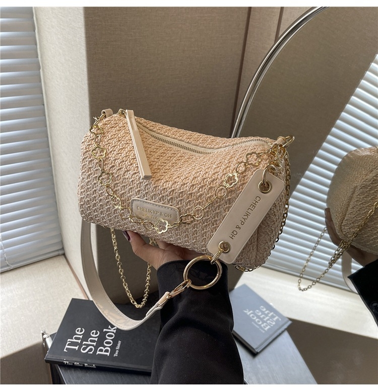 Geantă tip șa din pai, cu model în dungi, stil stradal, formă pătrată orizontală, fermoar