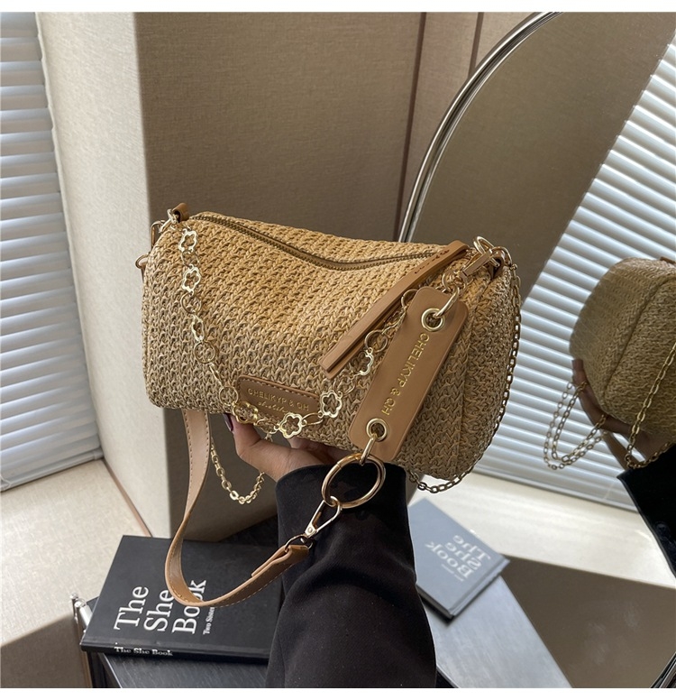 Geantă tip șa din pai, cu model în dungi, stil stradal, formă pătrată orizontală, fermoar