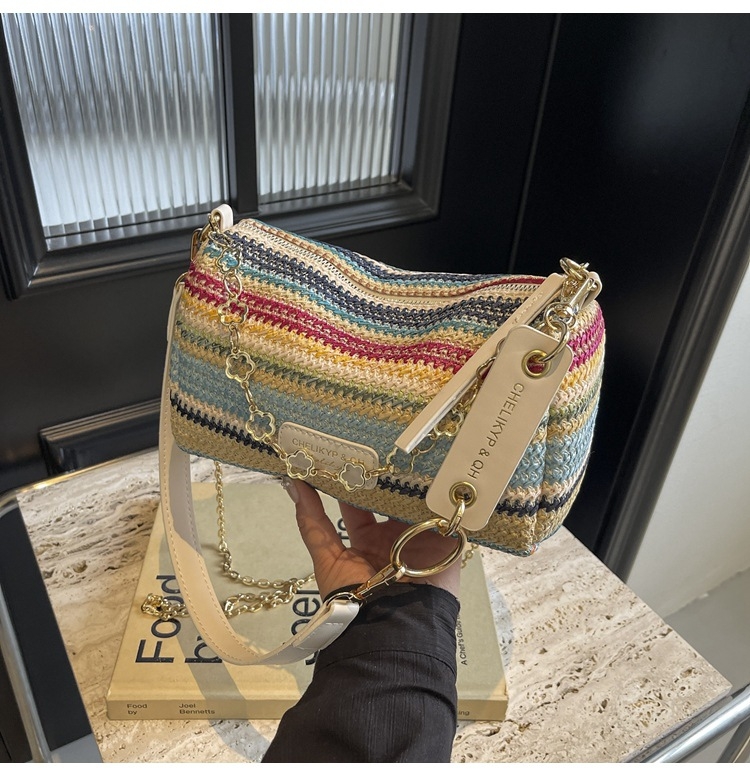 Geantă tip șa din pai, cu model în dungi, stil stradal, formă pătrată orizontală, fermoar