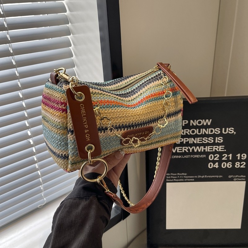 Geantă tip șa din pai, cu model în dungi, stil stradal, formă pătrată orizontală, fermoar