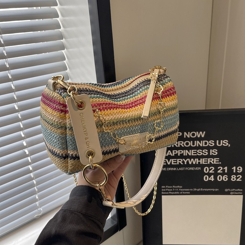 Geantă tip șa din pai, cu model în dungi, stil stradal, formă pătrată orizontală, fermoar