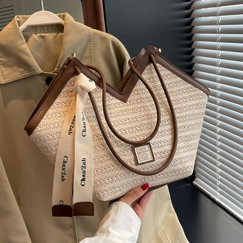 Geantă Tote din paie țesută pentru femei, cu capacitate mare – pentru plajă și uz zilnic, primăvara 2024, căptușeală din poliester, formă Orizontală pătrată, buzunare interne pentru telefon și buzunar cu fermoar