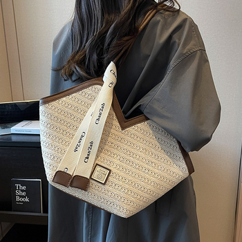 Geantă Tote din paie țesută pentru femei, cu capacitate mare – pentru plajă și uz zilnic, primăvara 2024, căptușeală din poliester, formă Orizontală pătrată, buzunare interne pentru telefon și buzunar cu fermoar