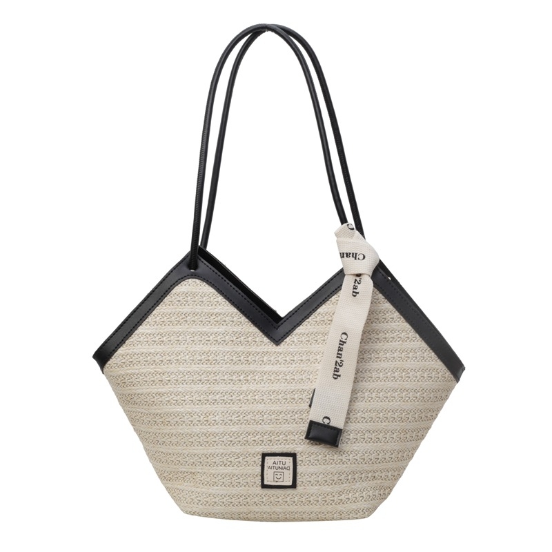 Geantă Tote din paie țesută pentru femei, cu capacitate mare – pentru plajă și uz zilnic, primăvara 2024, căptușeală din poliester, formă Orizontală pătrată, buzunare interne pentru telefon și buzunar cu fermoar