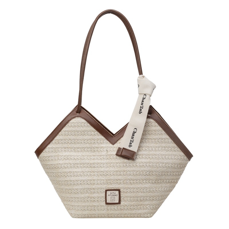 Geantă Tote din paie țesută pentru femei, cu capacitate mare – pentru plajă și uz zilnic, primăvara 2024, căptușeală din poliester, formă Orizontală pătrată, buzunare interne pentru telefon și buzunar cu fermoar