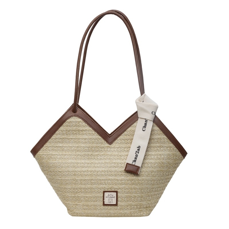 Geantă Tote din paie țesută pentru femei, cu capacitate mare – pentru plajă și uz zilnic, primăvara 2024, căptușeală din poliester, formă Orizontală pătrată, buzunare interne pentru telefon și buzunar cu fermoar