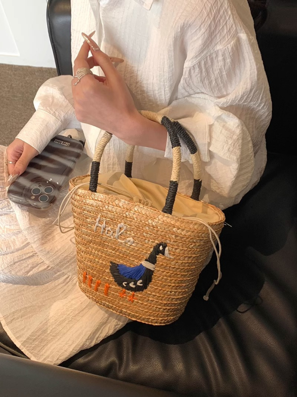 Geantă tote din paie brodată, stil urban minimalist, dimensiune medie, formă orizontal-pătrată, design tridimensional