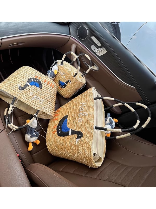 Geantă tote din paie brodată, stil urban minimalist, dimensiune medie, formă orizontal-pătrată, design tridimensional