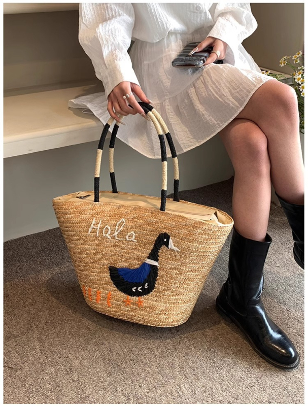 Geantă tote din paie brodată, stil urban minimalist, dimensiune medie, formă orizontal-pătrată, design tridimensional