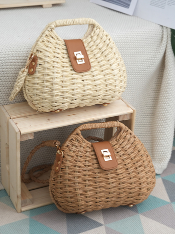 Geantă crossbody rotundă împletită, închidere cu șnur, căptușeală poliester — vară 2024