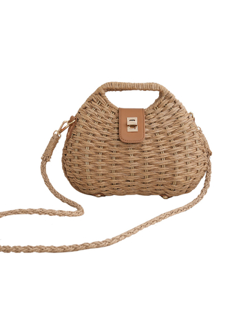 Geantă crossbody rotundă împletită, închidere cu șnur, căptușeală poliester — vară 2024