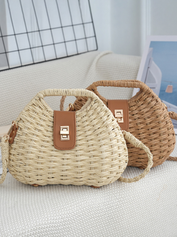 Geantă crossbody rotundă împletită, închidere cu șnur, căptușeală poliester — vară 2024