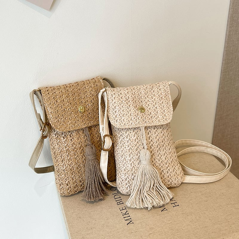 Slamnata crossbody torba za žene, mini torbica za telefon, pletena, s resicama, s jednim remenom, za plažu i odmor, ljeto 2025