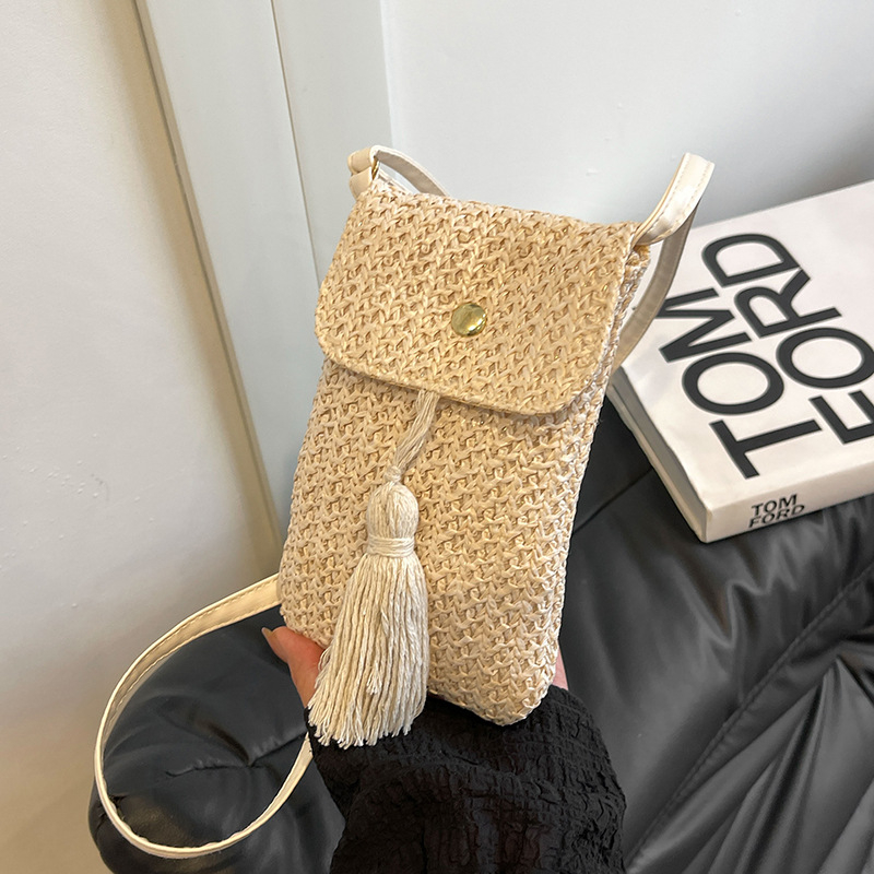 Slamnata crossbody torba za žene, mini torbica za telefon, pletena, s resicama, s jednim remenom, za plažu i odmor, ljeto 2025