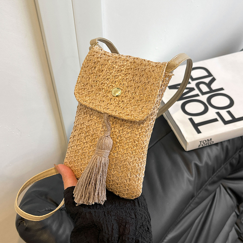 Slamnata crossbody torba za žene, mini torbica za telefon, pletena, s resicama, s jednim remenom, za plažu i odmor, ljeto 2025