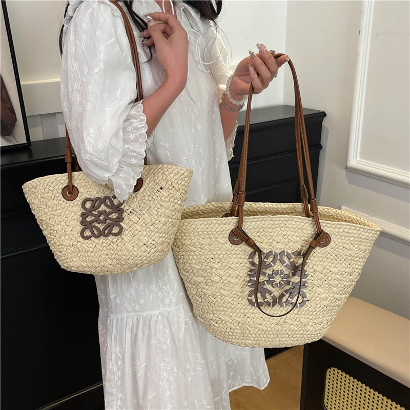 Geantă de plajă din paie, țesută, formă de Dumpling, deschidere deschisă, fără căptușeală, două curele, purtare zilnică, modă stradală, primăvara 2025