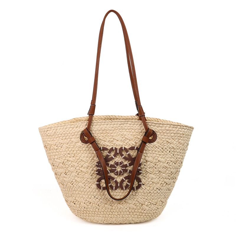 Geantă de plajă din paie, țesută, formă de Dumpling, deschidere deschisă, fără căptușeală, două curele, purtare zilnică, modă stradală, primăvara 2025