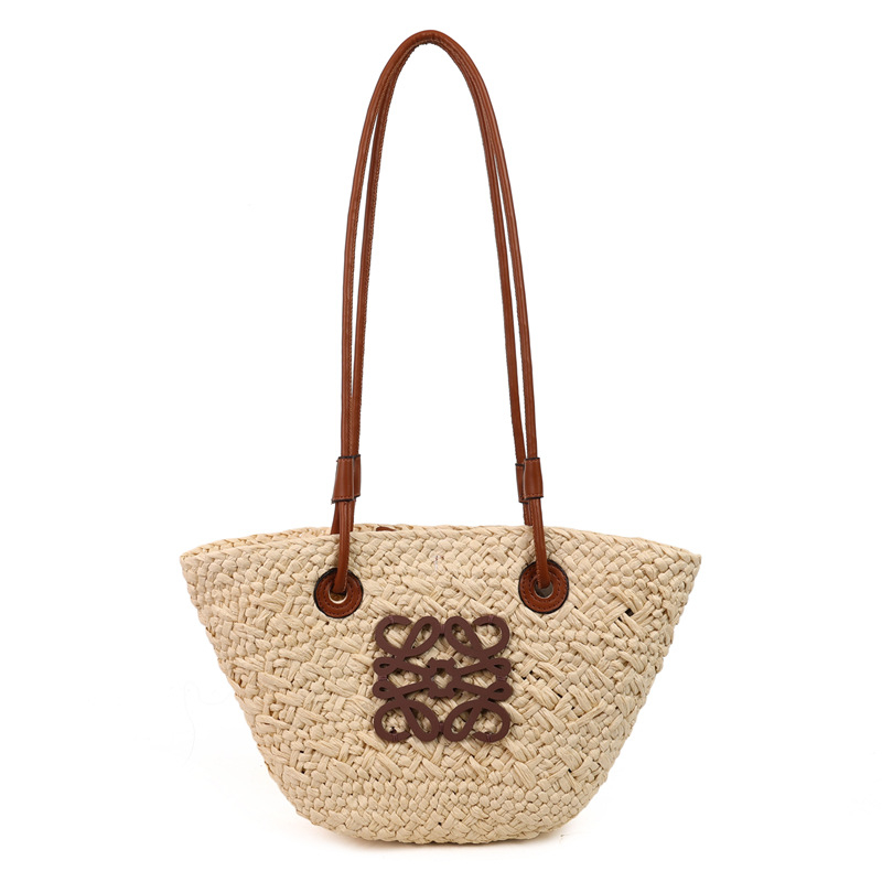 Geantă de plajă din paie, țesută, formă de Dumpling, deschidere deschisă, fără căptușeală, două curele, purtare zilnică, modă stradală, primăvara 2025