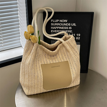 BUDBAO Geantă Tote din pai împletit - formă orizontală pătrată, fermoar, căptușeală din poliester