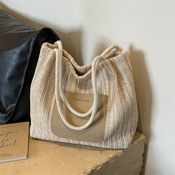 BUDBAO Geantă Tote din pai împletit - formă orizontală pătrată, fermoar, căptușeală din poliester