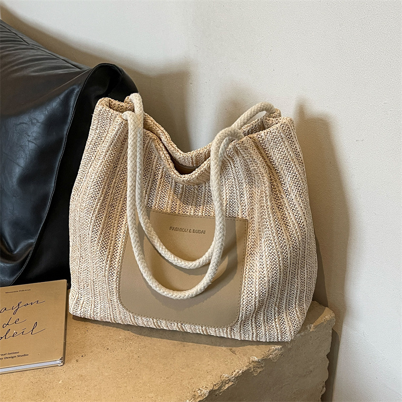 BUDBAO Geantă Tote din pai împletit - formă orizontală pătrată, fermoar, căptușeală din poliester