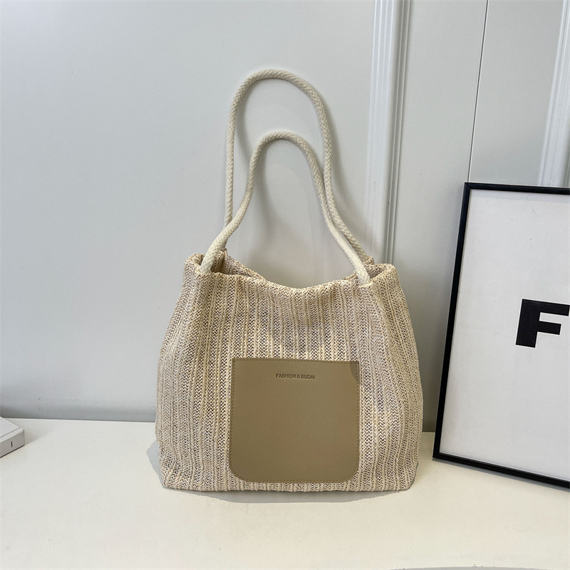 BUDBAO Geantă Tote din pai împletit - formă orizontală pătrată, fermoar, căptușeală din poliester