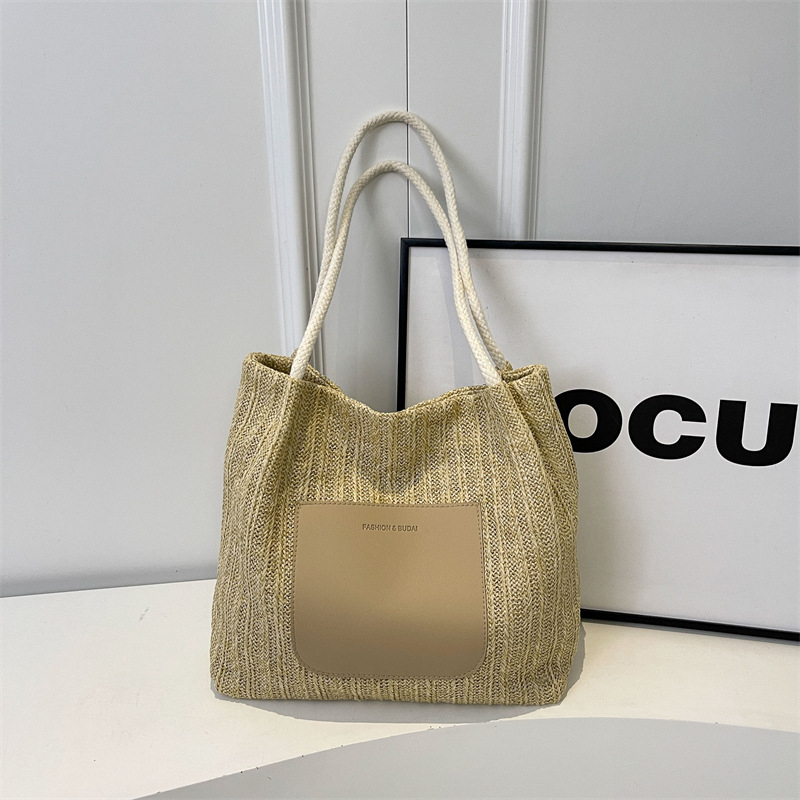 BUDBAO Geantă Tote din pai împletit - formă orizontală pătrată, fermoar, căptușeală din poliester