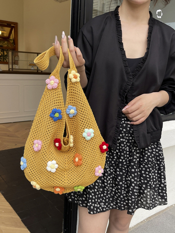 Geantă tote din paie cu flori decupate, deschidere deschisă, capacitate mare, vară 2025