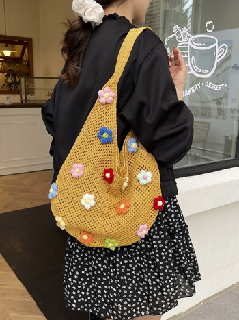 Geantă tote din paie cu flori decupate, deschidere deschisă, capacitate mare, vară 2025