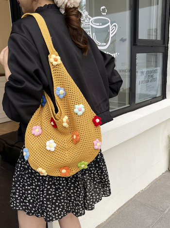 Geantă tote din paie cu flori decupate, deschidere deschisă, capacitate mare, vară 2025