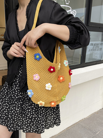 Geantă tote din paie cu flori decupate, deschidere deschisă, capacitate mare, vară 2025