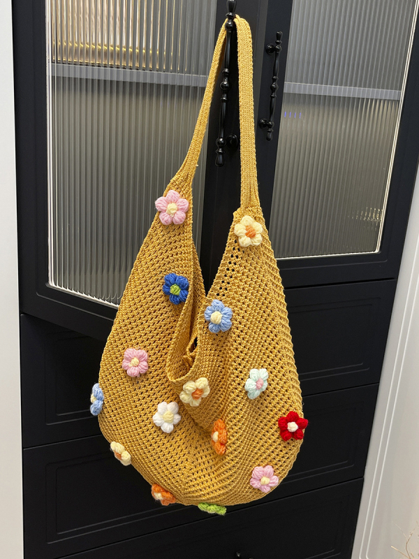 Geantă tote din paie cu flori decupate, deschidere deschisă, capacitate mare, vară 2025