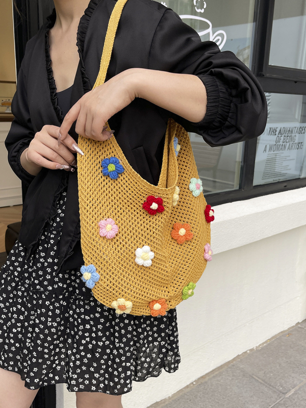 Geantă tote din paie cu flori decupate, deschidere deschisă, capacitate mare, vară 2025