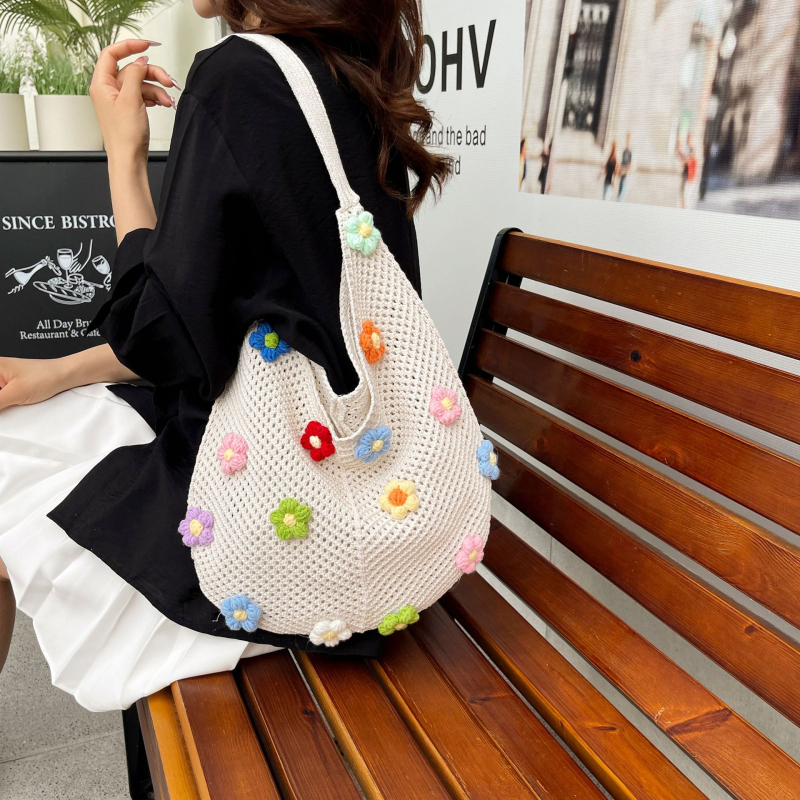 Geantă tote din paie cu flori decupate, deschidere deschisă, capacitate mare, vară 2025