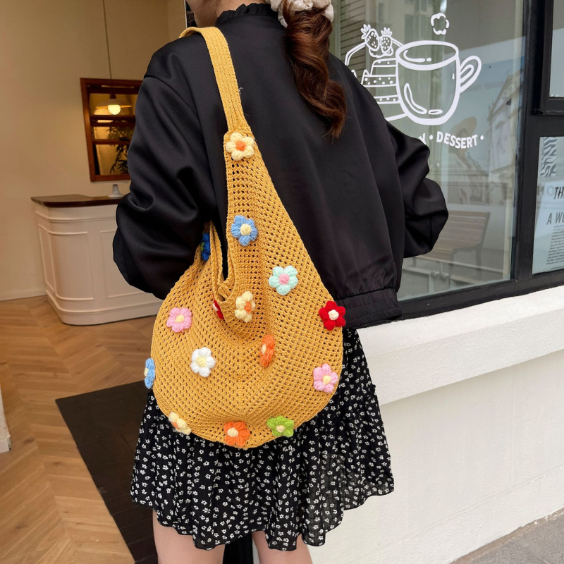 Geantă tote din paie cu flori decupate, deschidere deschisă, capacitate mare, vară 2025